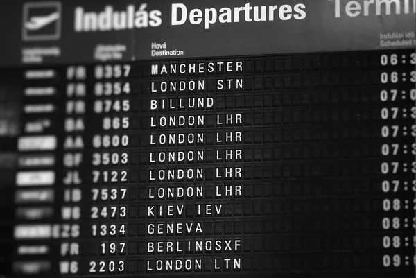 Departures board at the airport. Flight information mechanical timetable. Split flap mechanical departures board. Flight schedule