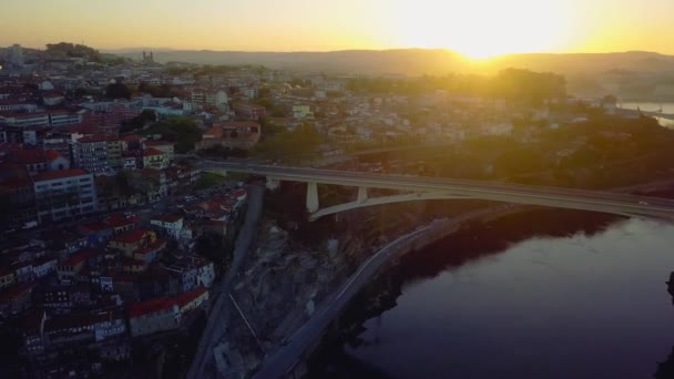 Porto, Portugal. Aerial view of the old city and promenade of the Douro river. View of the city and bridges over the river — Stock Video