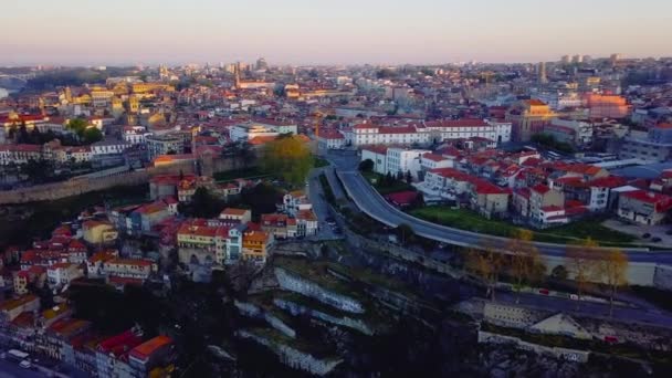 Porto, Portugal. Aerial view of the old city and promenade of the Douro river. View of the city and bridges over the river — Stock Video