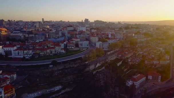 Porto, Portugal. Aerial view of the old city and promenade of the Douro river. View of the city and bridges over the river — Stock Video