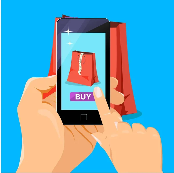 Mão segurando telefone inteligente móvel com aplicativo de compra online. Vetor moderno plana informações criativas design gráfico — Vetor de Stock
