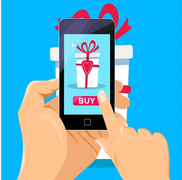 Hand holding smartphone with gift box on the screen. Finger touch the box. Vector flat illustration. — Stock Vector