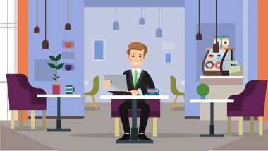 Gülümseyen genç ve mutlu işadamları formal giyim, laptop, dostu kahve ev ortamı, uzay coworking çalışma