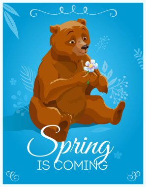 Mutlu anne ayı çiçek ile karikatür. Bahar ruh hali