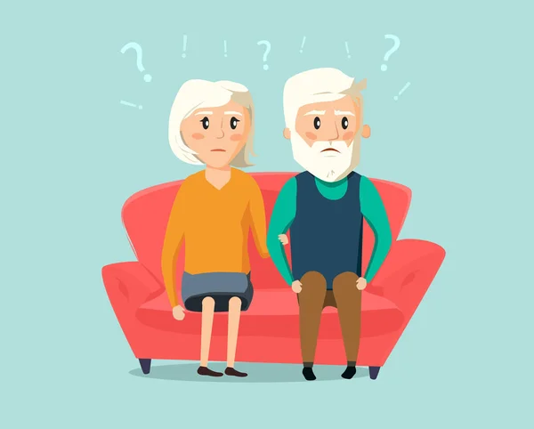 Preocuparse anciano hombre y mujer mayores sentados juntos en el sofá en la habitación — Vector de stock