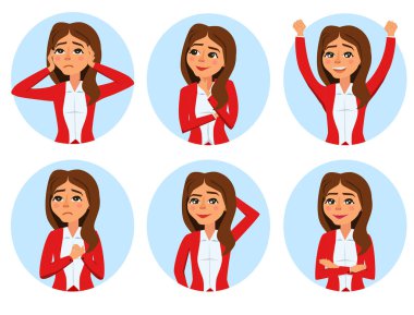 Zarif office giysili genç kadın. Ayarla, merak, mutlu, düşünme, bir gülümseme