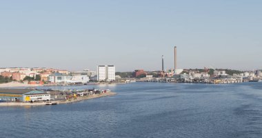 Stockholm harbor in summer on a sunny day, Sweden. Panorama. View from the water