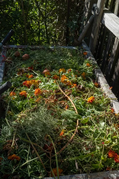 Een composthoop met plantaardig afval in de tuin — Stockfoto
