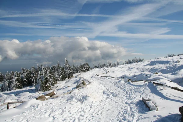 Harz dağlarındaki Brocken manzarası. Bulutlar, kar, mavi gökyüzü ve sis.