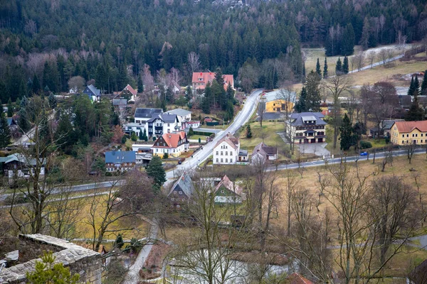 Kilátás Zittau Hegység Völgyére Régi Oybin Kastélyból Olbersdorf Hain Faluba — Stock Fotó