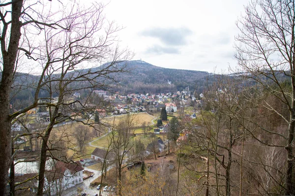 View Beautiful Old Castle Oybimn Valley Hain Olbersdorf Cloudy Day — Stock Photo, Image