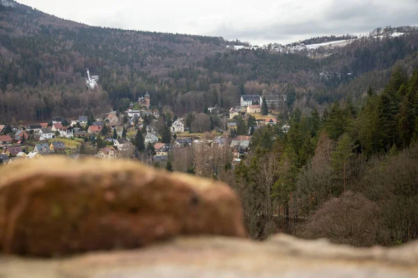 View Beautiful Old Castle Oybimn Valley Hain Olbersdorf Cloudy Day — Stock Photo, Image