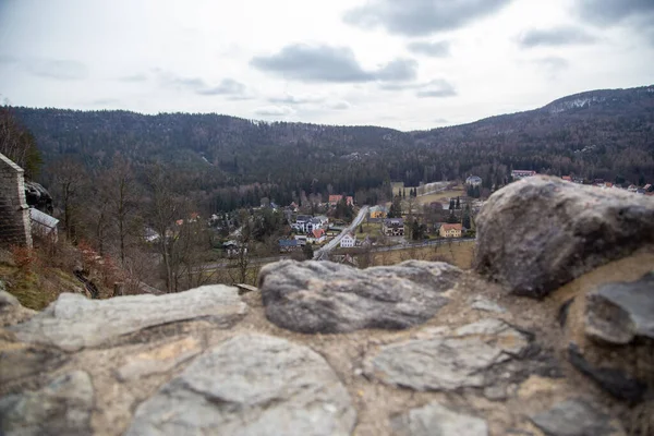 View Valley Zittau Mountains Old Castle Oybin Village Olbersdorf Hain — Stock Photo, Image