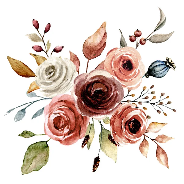 Υδατογραφία Λουλούδια Φύλλα Χέρι Ζωγραφική Floral Έννοια — Φωτογραφία Αρχείου
