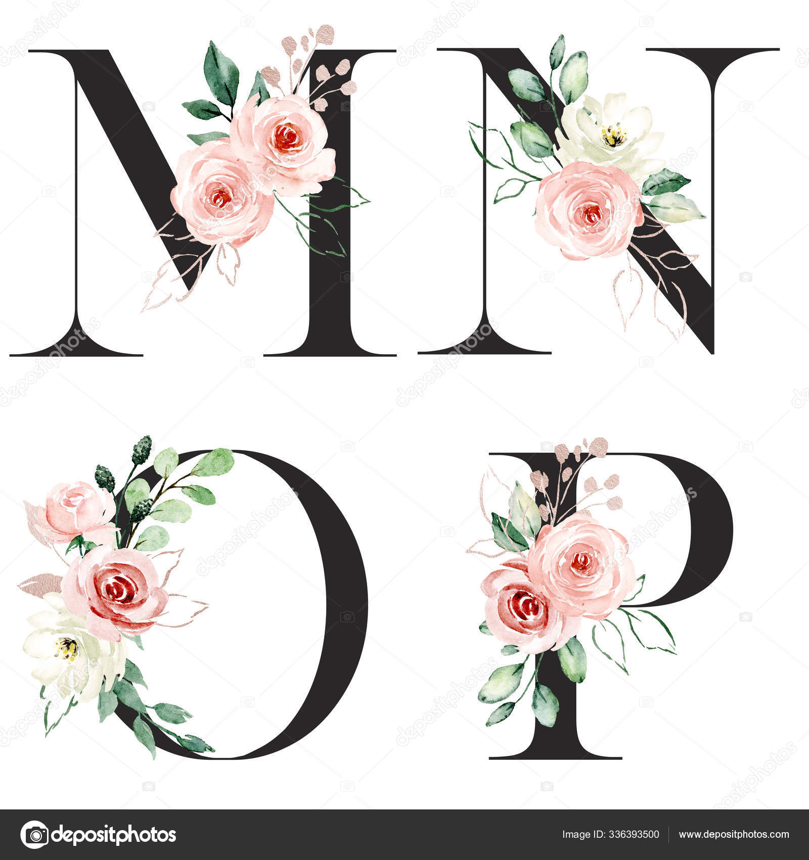 Hermosas Letras Con Flores Hojas Acuarela Pintura fotografía de stock