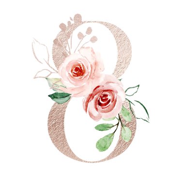 stylish number 8, art design hand drawn watercolor painting with floral 