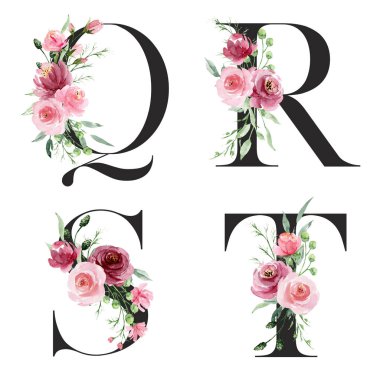 Çiçek alfabesi, Q, R, S, T harfleri, yaratıcı suluboya resim.