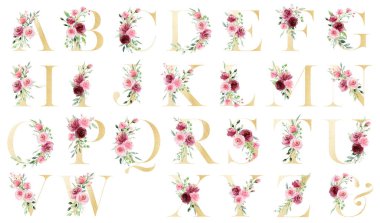 alphabet with floral elements, art watercolor painting letters with flowers and leaves
