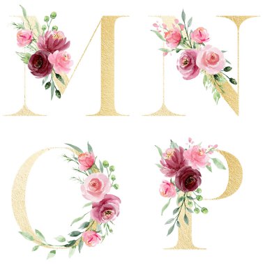 Çiçek alfabesi, M, N, O, P harfleri, yaratıcı suluboya resim.