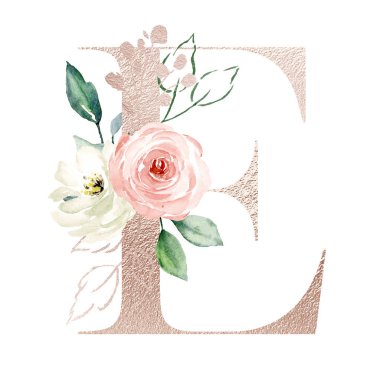 hand drawn watercolor painting E letter with flowers