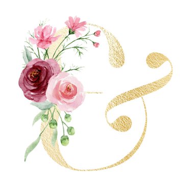 ampersand symbol on white background, watercolor painting with flowers