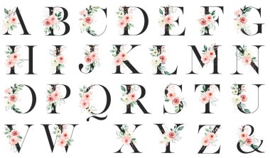 Floral alphabet, letters set with watercolor flowers and leaves