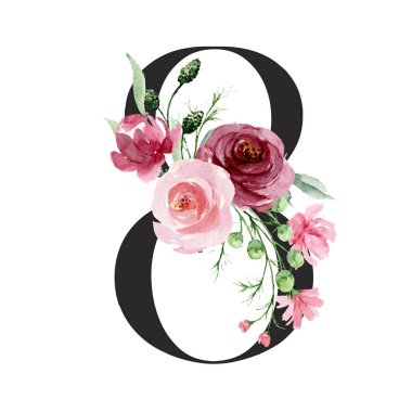 Çiçek ve yapraklı 8 numaralı yaratıcı resim, elle çizilmiş suluboya resim