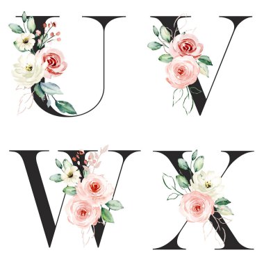 Çiçekler ve yapraklarla yazılmış güzel mektuplar, suluboya resimler.