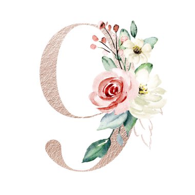 stylish number 9, art design hand drawn watercolor painting with floral 