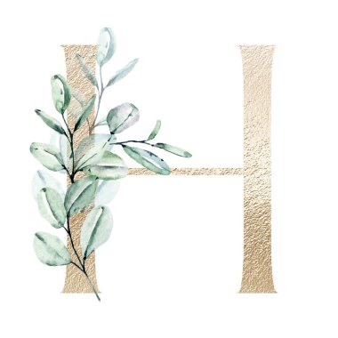 suluboya resim, çiçek ve yapraklı H harfi, çiçek alfabesi.