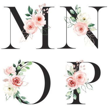 Çiçekler ve yapraklarla yazılmış güzel mektuplar, suluboya resimler.