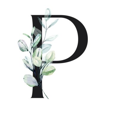 suluboya resim, çiçekli ve yapraklı P harfi, çiçek alfabesi.