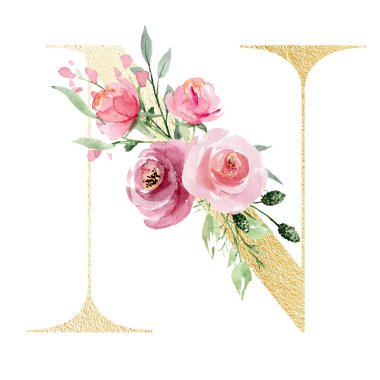 suluboya resim, çiçek ve yapraklı N harfi, çiçek alfabesi.