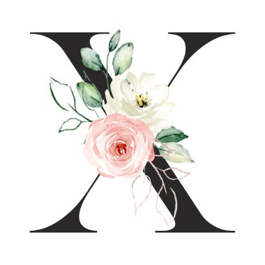 suluboya resim, çiçek ve yapraklı X harfi, çiçek alfabesi.