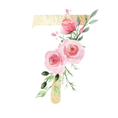 7 numara, elle çizilmiş suluboya resim tasarımı. 