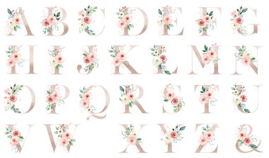 Floral alphabet, letters set with watercolor flowers and leaves
