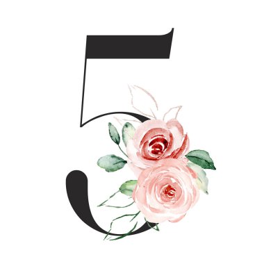 art number 5 with flowers, hand drawn watercolor painting
