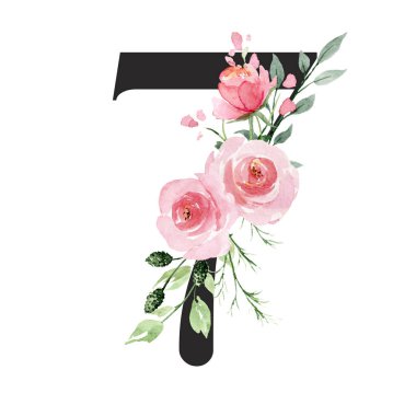 Çiçek ve yapraklı 7 numaralı yaratıcı resim, el çizimi suluboya