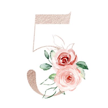 number 5 hand drawn watercolor floral art painting design 