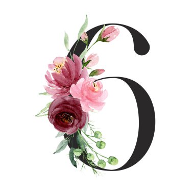 Çiçekli ve yapraklı 6 numaralı yaratıcı resim, elle çizilmiş suluboya resim