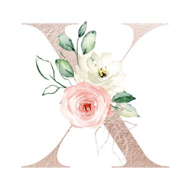 stylish letter X with blossoming flowers, art painting on white background