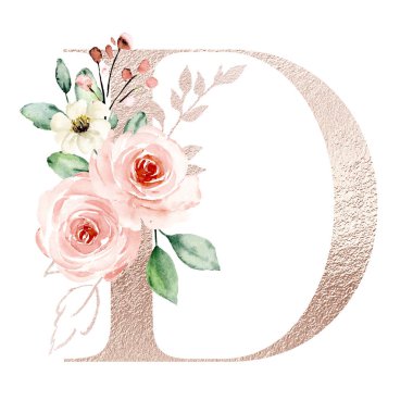 hand drawn watercolor painting D letter with flowers