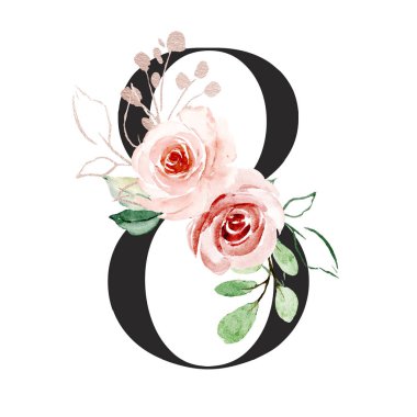 art number 8 with flower, hand drawn watercolor painting