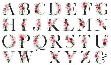 alphabet with floral elements, art watercolor painting letters with flowers and leaves
