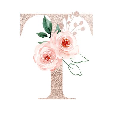 stylish letter T with blossoming flowers, art painting on white background