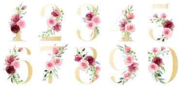 numbers set with watercolor art painting elements on white background