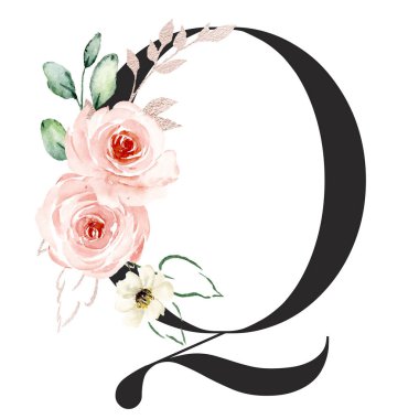 suluboya resim, çiçek ve yapraklı Q harfi, çiçek alfabesi.