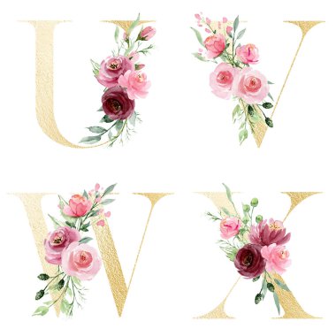 Çiçek alfabesi, U, V, W, X harfleri, yaratıcı suluboya resim.