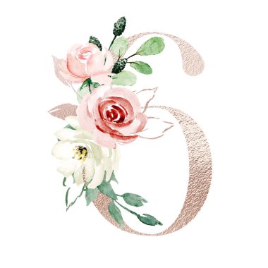 stylish number 6, art design hand drawn watercolor painting with floral 