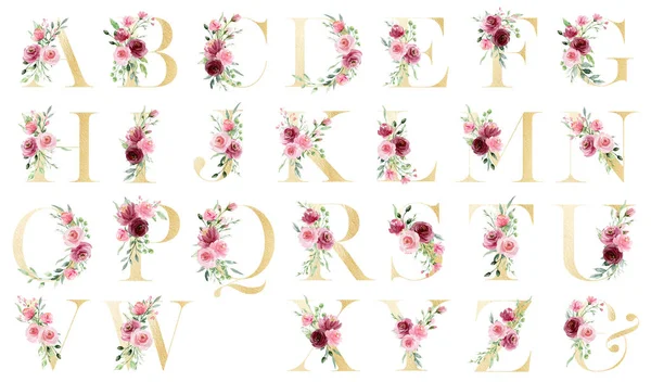 alphabet with floral elements, art watercolor painting letters with flowers and leaves